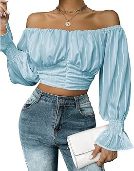 MIRACMODA Womens Elegant Off Shoulder Puff Sleeve Blouses Summer/Spring Rib Pleated Chiffon Crop Top | Amazon (US)