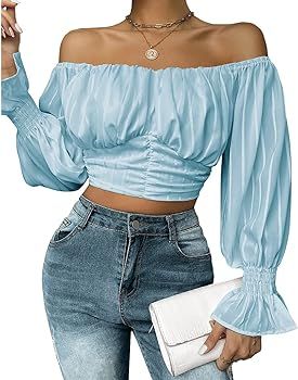 MIRACMODA Womens Elegant Off Shoulder Puff Sleeve Blouses Summer/Spring Rib Pleated Chiffon Crop Top | Amazon (US)