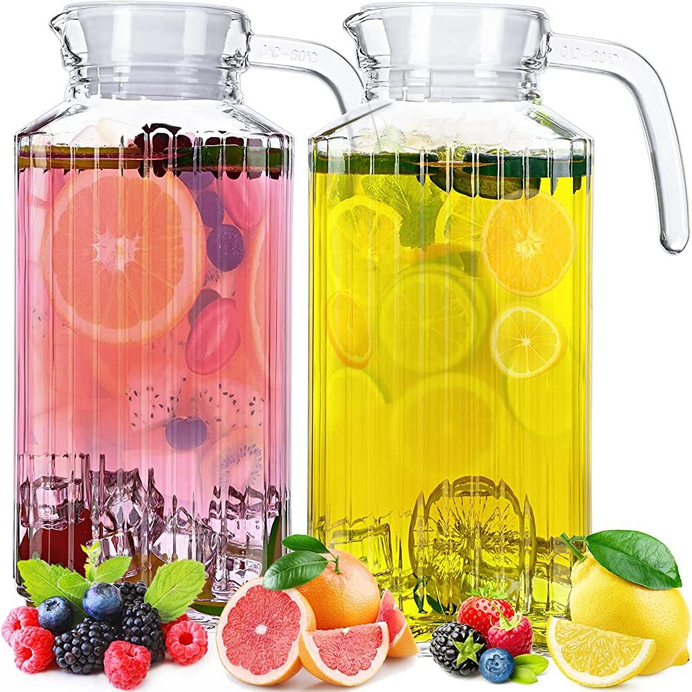 2 Pcs Glass Pitcher with Lid and Spout Ribbed Fridge Pitcher Clear Glass Water Pitcher with Handl... | Amazon (US)