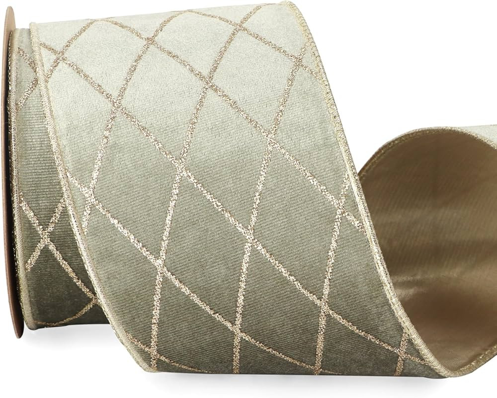 Ribbli Dusty Green Velvet Ribbon Wired with Glitter Diamond Grid 4 Inch Christmas Ribbon for Chri... | Amazon (US)