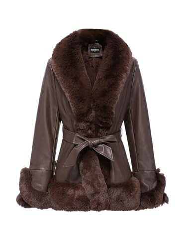 GRAN ORIENTE Faux Leather Jacket for Women with Faux Fur Collar Long Sleeve Fuzzy Parka Overcoat with Warm Trimmed Winter Peplum Coat Belted (GK007 Brown M) | Amazon (US)