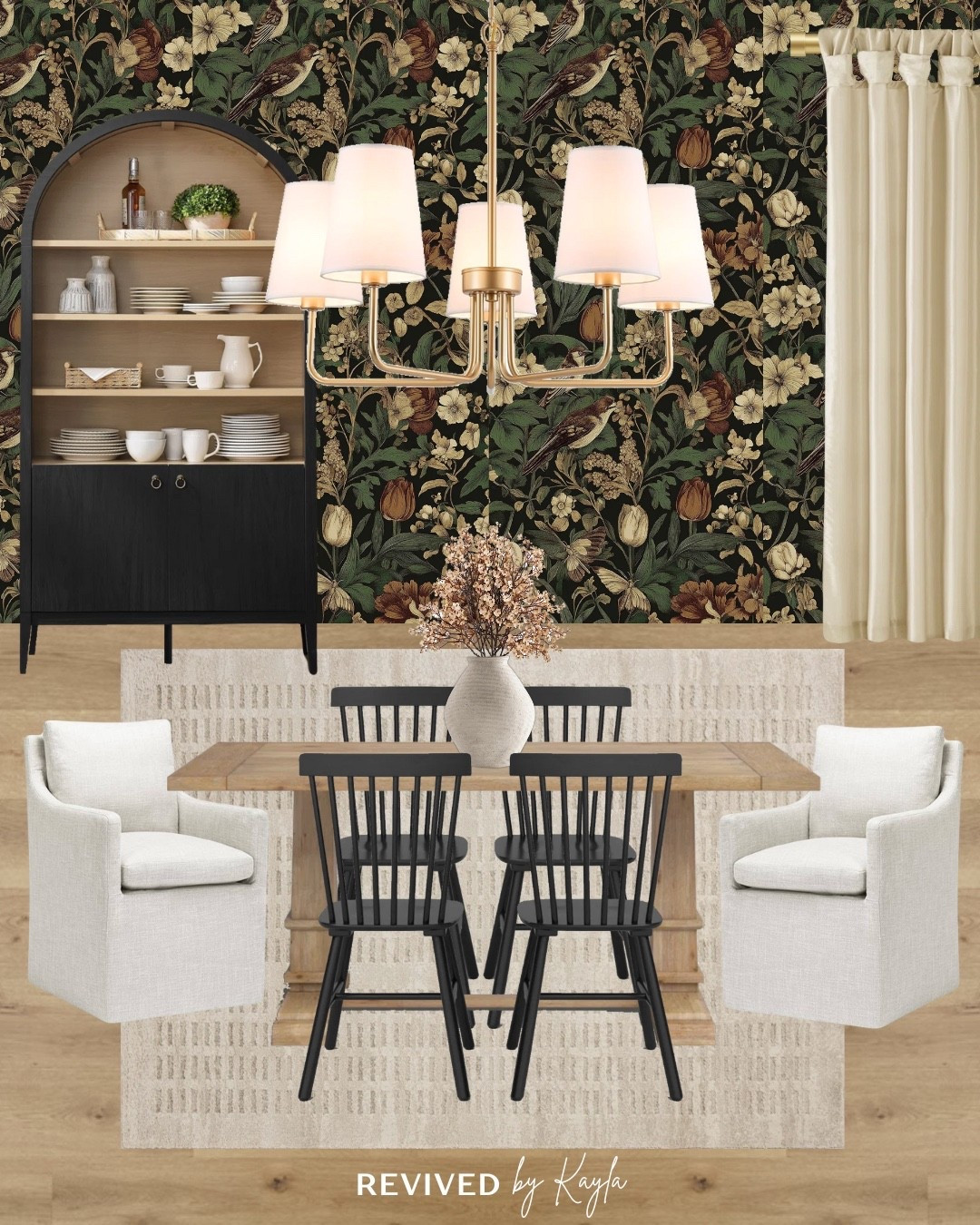 Modern dining room design with black floral wallpaper ✨ 

#diningroom #decor #diningroomdesign #diningtable #diningchairs #rug #curtains #goldlight #goldchandelier #archcabinet #moody #modernhome #homedecorinspo #decorideas #homestyling #homedecor #homedesign 

#LTKFindsUnder100 #LTKFindsUnder50 #LTKHome