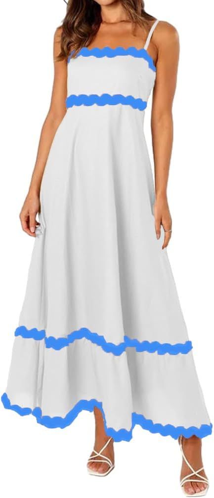 Fuimsul Women Rickrack Trim Flowy Spaghetti Strap Maxi Dress Sleeveless Tiered Flared Long Dress ... | Amazon (US)