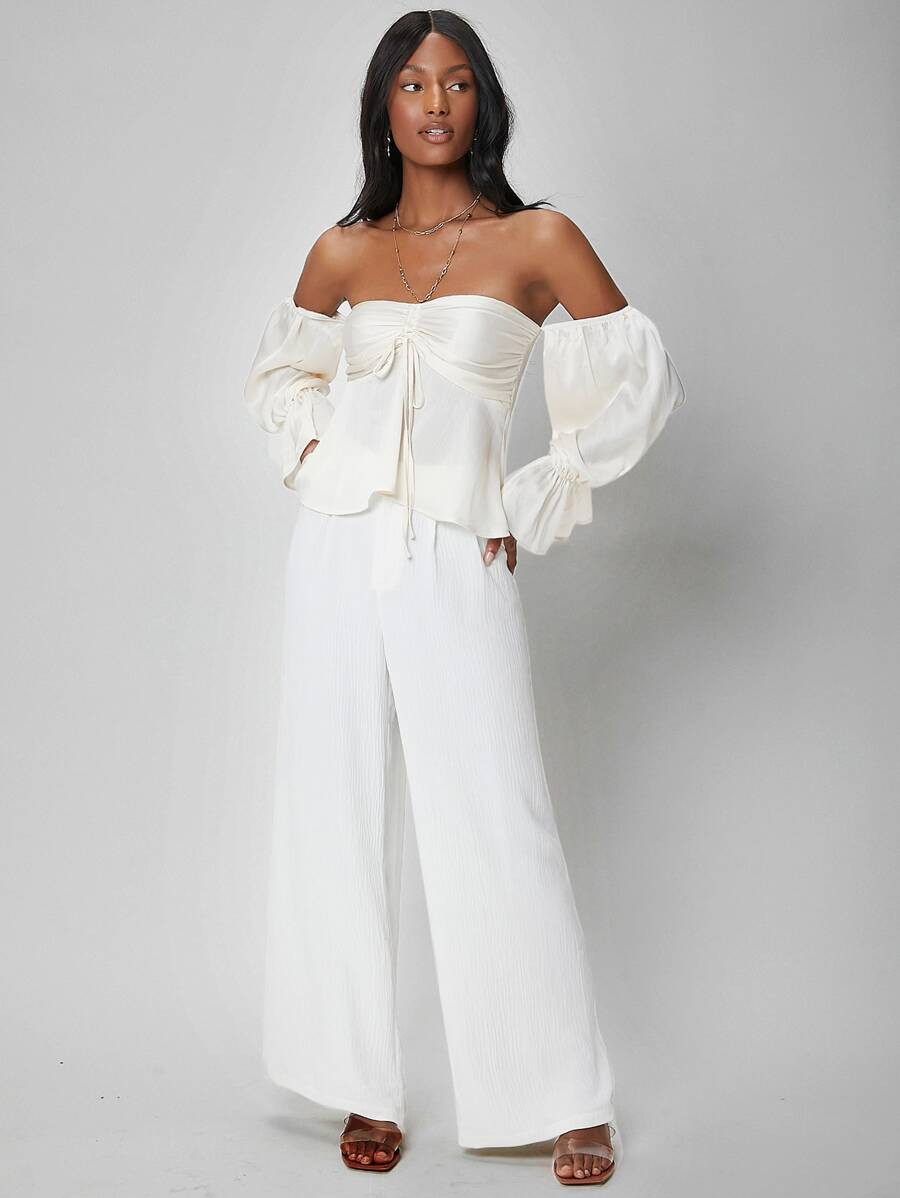 SHEIN Off Shoulder Flounce Sleeve Ruched Knot Peplum Top | SHEIN
