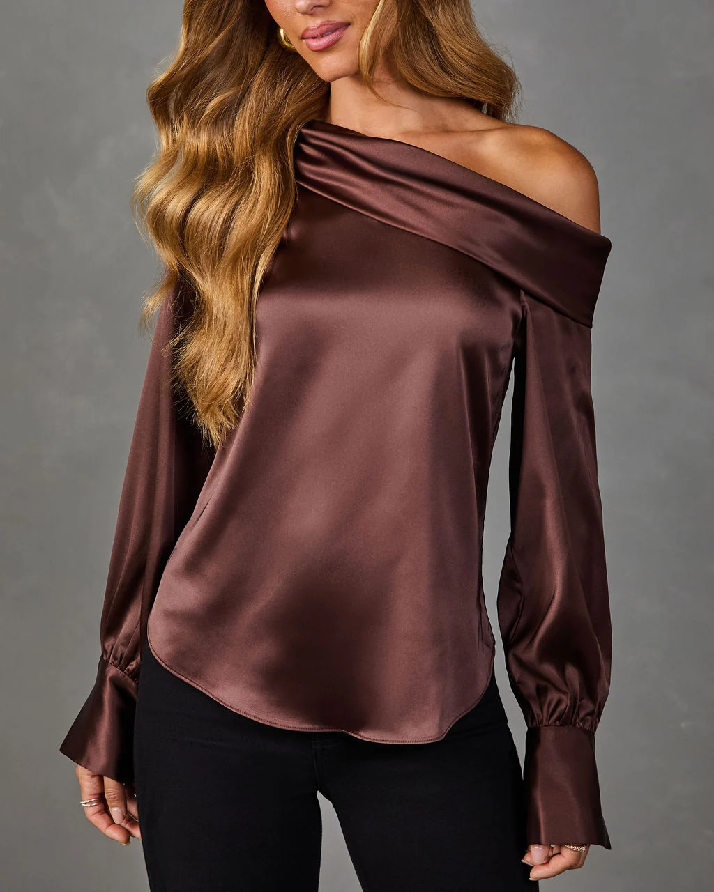 Quinn Satin Off the Shoulder Blouse Brown / XS | VICI