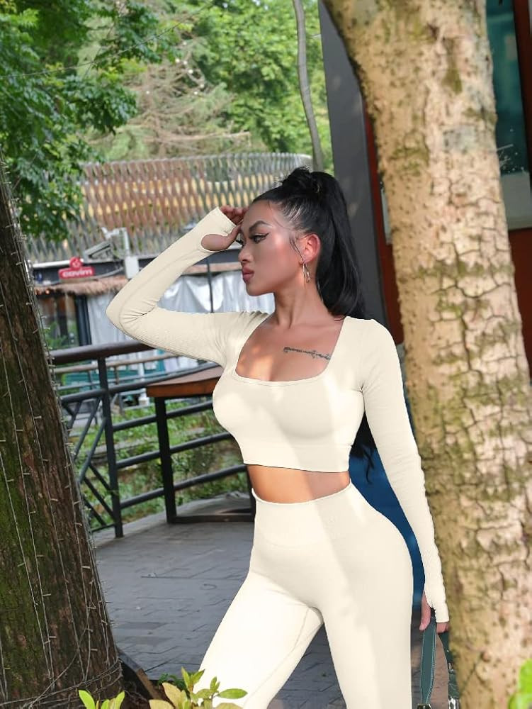 OQQ Workout Outfits for Women 2 Piece Ribbed Exercise Long Sleeve Tops High Waist Leggings Active... | Amazon (US)