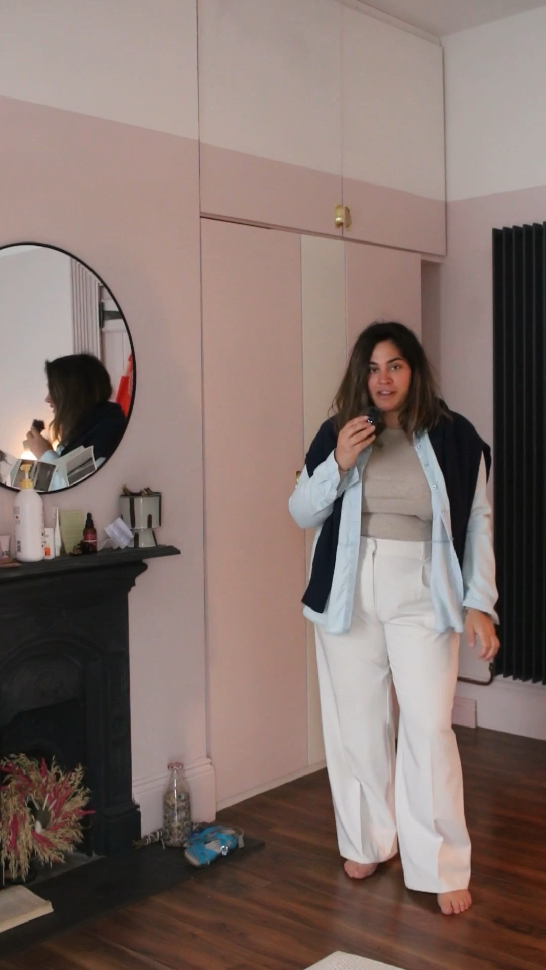 HM blue jumper {XL} Whistles denim shirt {16} HM oatmeal long sleeve ribbed top {XL} HM cream trousers {18} midsize outfit //spring outfits // midsize fashion 

#LTKmidsize #LTKspring #LTKstyletip