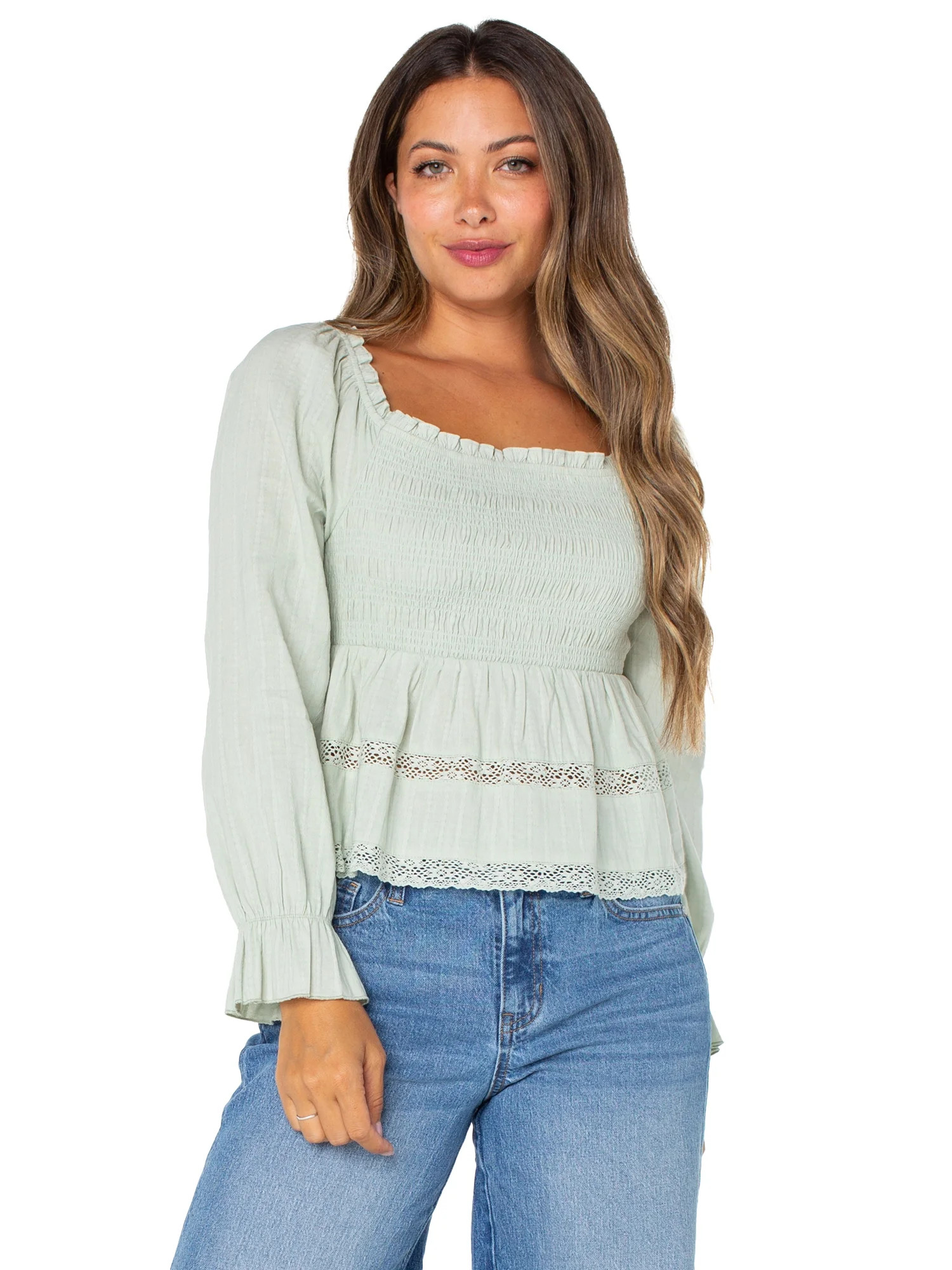 Celebrity Pink Women's Smocked Ruffle Long Sleeve Top, Sizes XS-XXXL | Walmart (US)