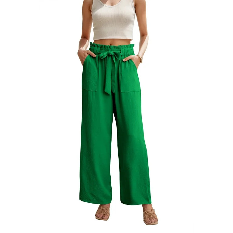 JWD Women's Wide Leg Pants With Pockets High Waist Adjustable Knot Loose Casual Trousers Business... | Walmart (US)