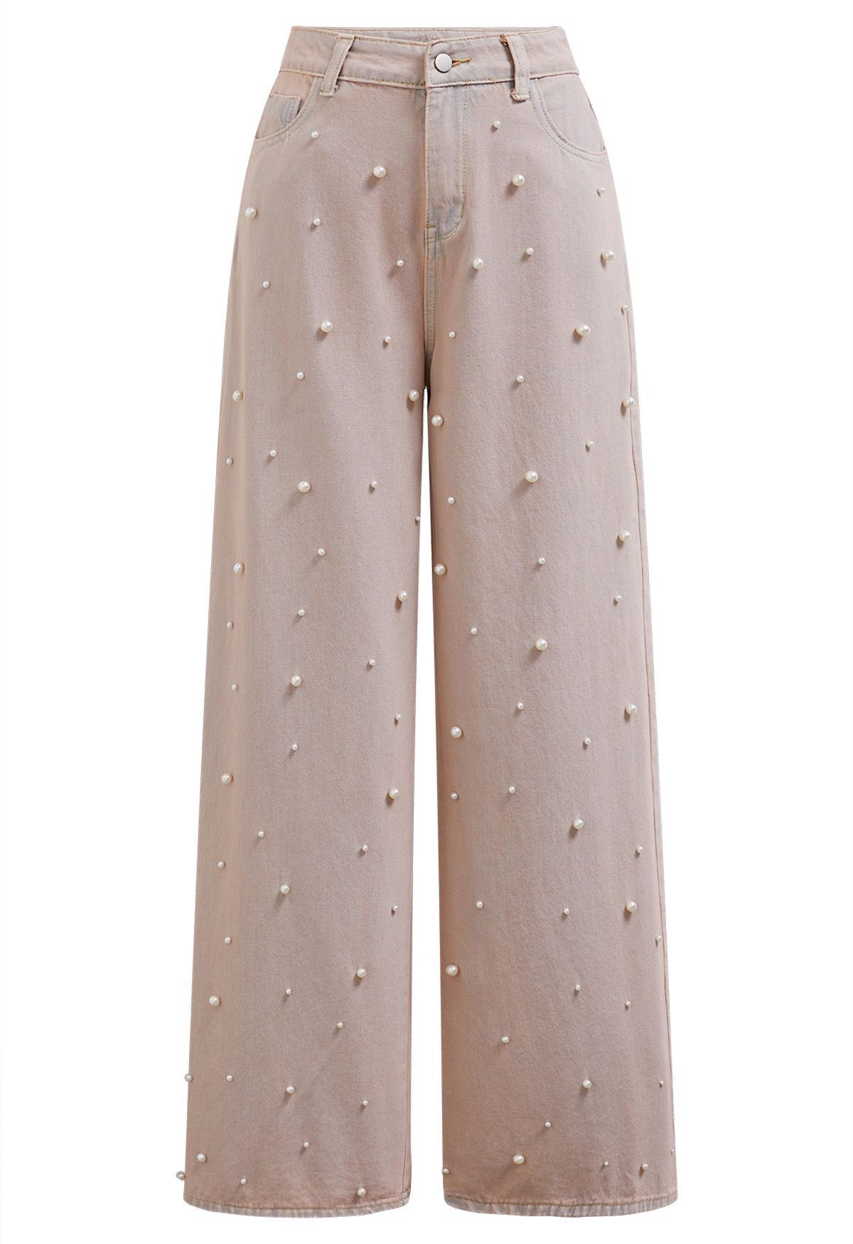 Pearl Adorned Straight-Leg Jeans in Pink | Chicwish