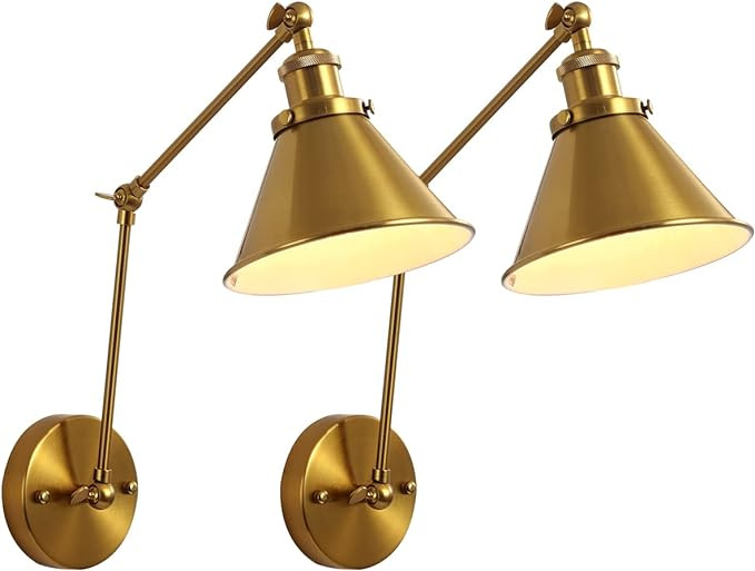 OVANUS Gold Swing Arm Wall Sconce, Adjustable Hardwired Wall Lamp Set of 2 | Amazon (US)