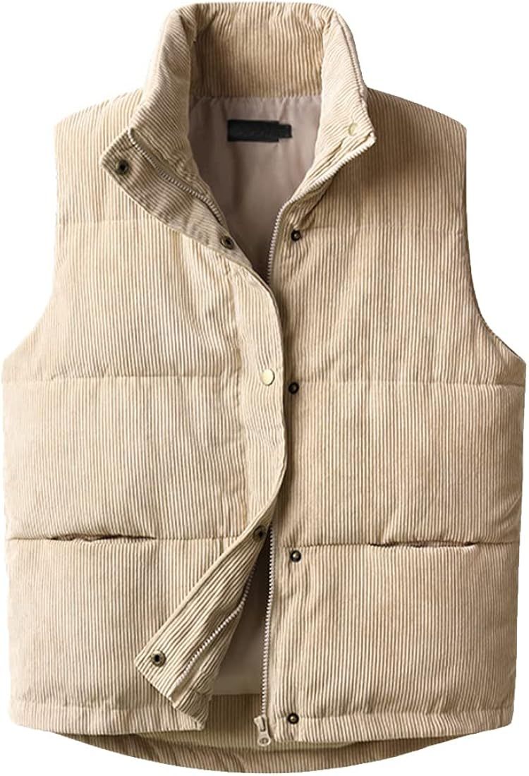 Womens Corduroy Puffer Vest Stand Collar Zip Snap Button Sleeveless Warm Waistcoat Padded Gilet | Amazon (US)