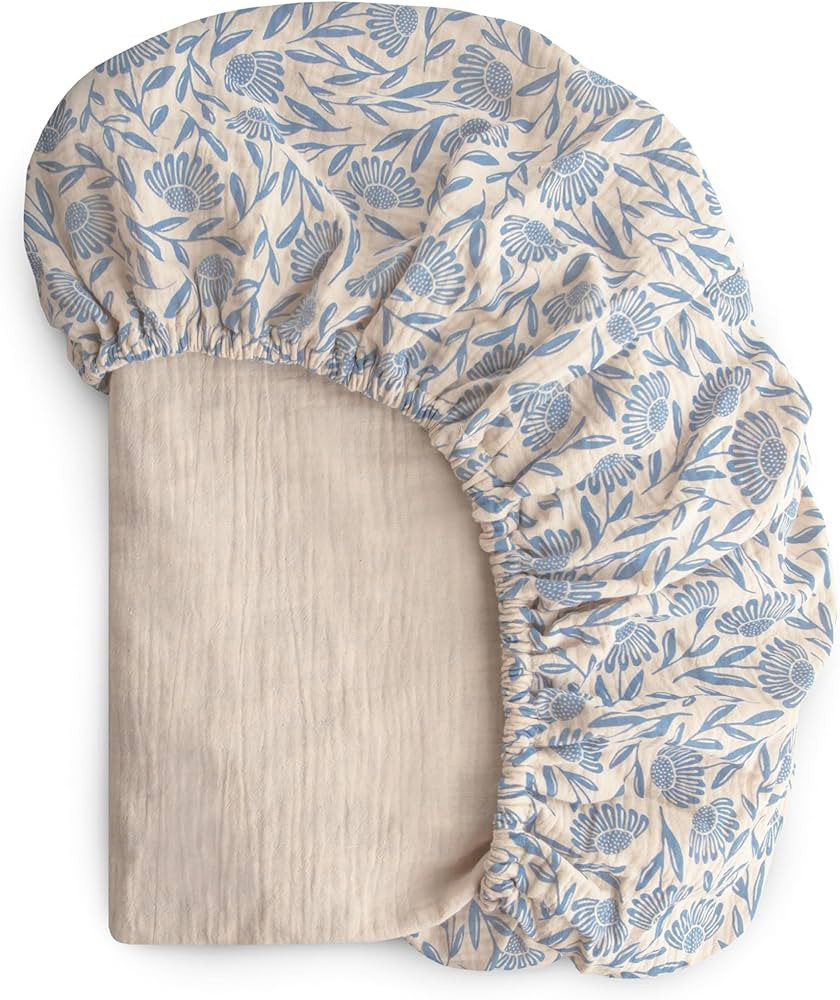 mushie Extra Soft Muslin Fitted Crib Sheet | 192 Thread Count | 28"x 52" (Blue Flowers) | Amazon (US)