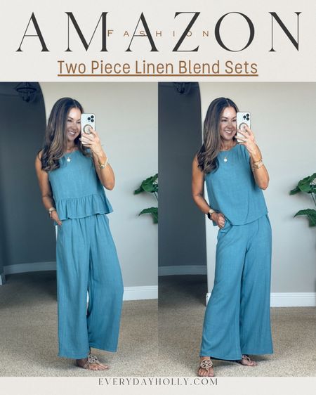 💥40% off & 31% off Amazon Spring Sale on these Two piece lined blend sets both size small.  I am 5'1", 109lbs.  I need to roll over the waistband for the perfect fit. wearing grey blue and cyan blue, both come in a ton of colors.  easy outfits, resort style, summer fashion, casual, everyday, mom, vacation, sandals, necklace

#LTKsalealert #LTKover40 #LTKfindsunder50