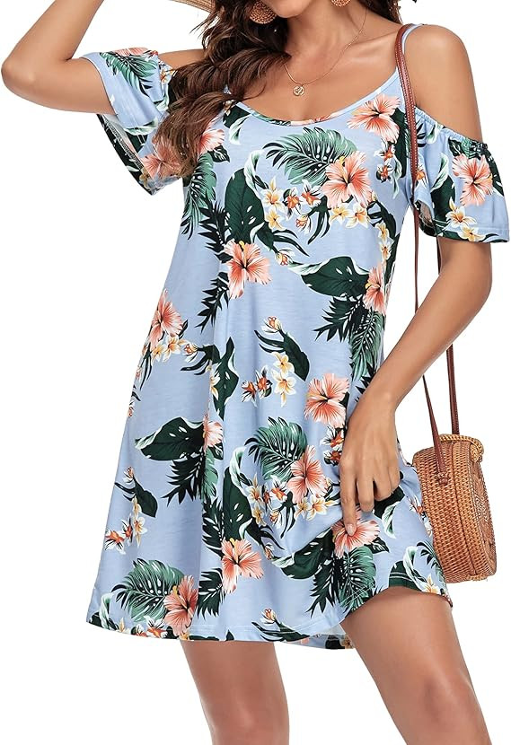 Vshemoi Sundresses for Women Summer Spaghetti Strap Ruffle Sleeve Cold Shoulder Casual Beach Dres... | Amazon (US)