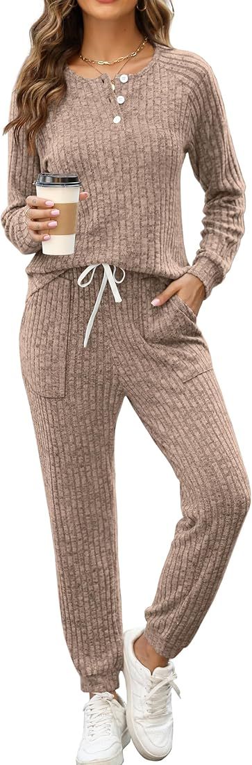 WIHOLL Two Piece Outfits for Women Lounge Sets Button Down Top and Shorts Set Sweatsuits with Pocket | Amazon (US)