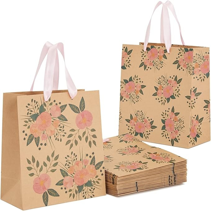 24 Pack Reusable Kraft Paper Floral Gift Bags with Pink Ribbon Handles for Party Favors, Mothers ... | Amazon (US)