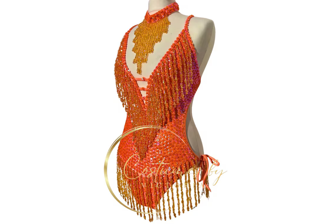 Pumpkin Orange Sequin Showgirl Costume for Dancers, Vibrant Orange Beaded Tassel Show Girl Leotar... | Etsy (US)