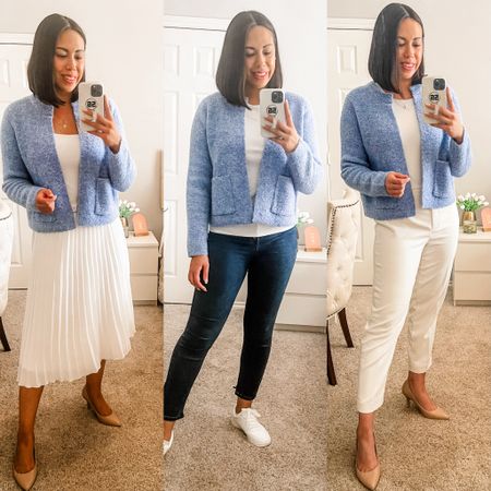 Three Ways to Style a Boucle Jacket for Spring

Workwear - Skirt
- Boucle Jacket: Size Medium 
- Scoop Neck Bodysuit: Size Medium 
- Pleated Skirt: Size Medium 
- Nude Pumps: Size 8

Elevated Casual
- Boucle Jacket: Size Medium 
- Cotton Tee: Size Medium 
- Dark Button Fly Jeans: Sold Out
- White Sneakers: Size 8

Workwear - Pants
- Boucle Jacket: Size Medium 
- High Neck Bodysuit: Size Medium 
- Winter White Ankle Pants: Size 6
- Nude Pumps: Size 8

#LTKSeasonal #LTKworkwear #LTKstyletip