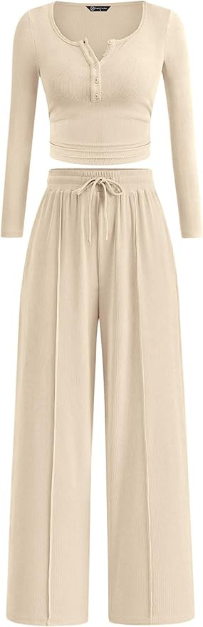 PRETTYGARDEN Women's 2025 Fall Trendy 2 Piece Outfits Lounge Sets Long Sleeve Top Henley Shirts W... | Amazon (US)