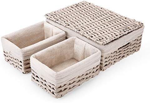 Wicker Storage Baskets with Lid and Handles, SAWAKE Woven Shelf Baskets Set for Storage Organizin... | Amazon (US)