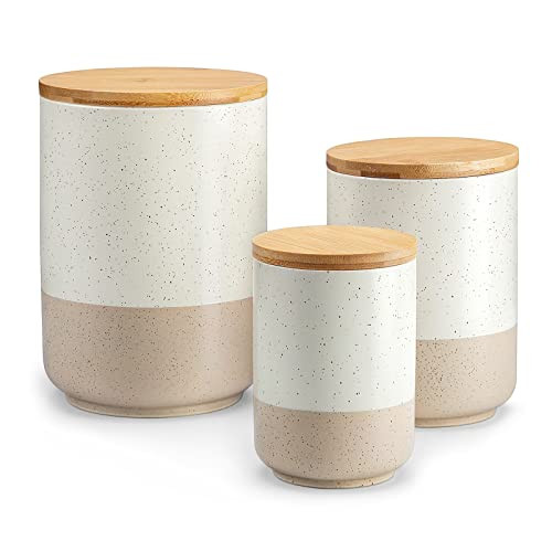 vancasso Sabine Ceramic Canister Set with Airtight Wood Lids - 3-Piece Kitchen Storage for Flour, Sugar, Coffee, Tea & Spices - Modern Countertop Decor | Amazon (US)