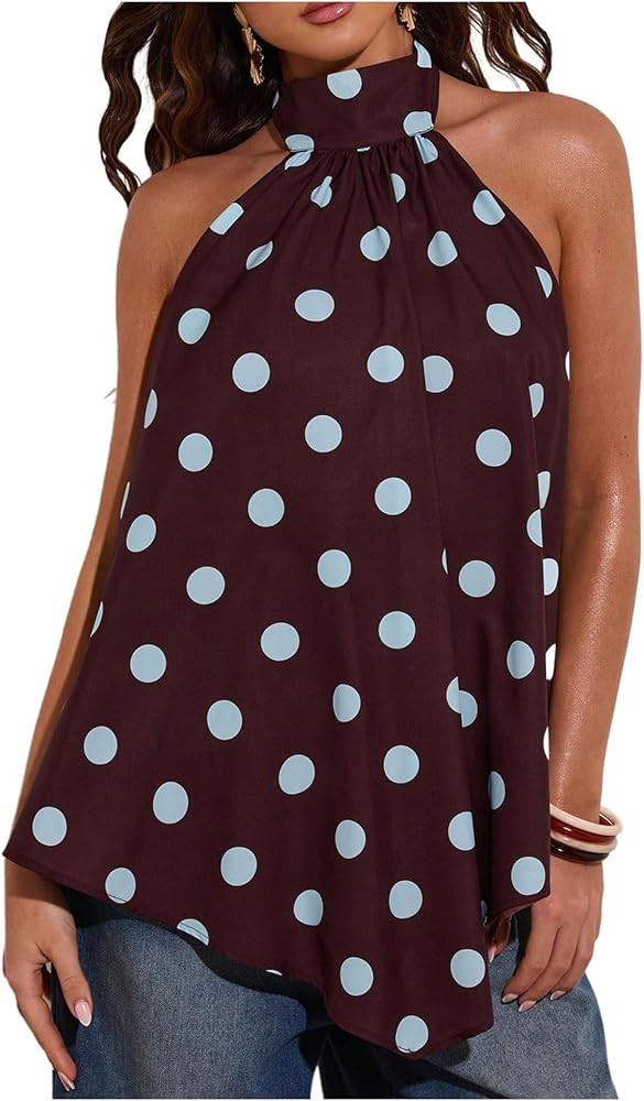 Floerns Women's Polka Dots Backless Halter Tops Y2k Sleeveless Mock Neck Asymmetrical Going Out T... | Amazon (US)