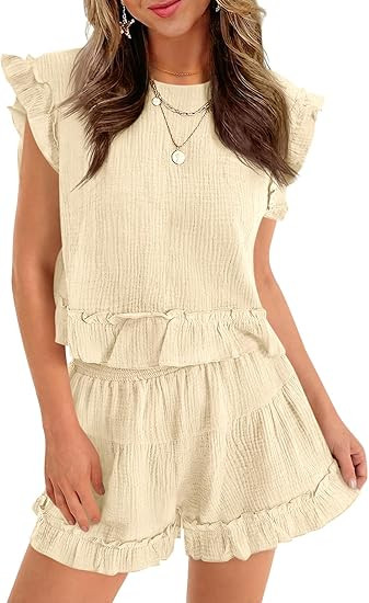 Cicy Bell Womens Summer 2 Piece Sets Ruffle Cap Sleeve Crewneck Cropped Tops Elastic Waist Shorts... | Amazon (US)