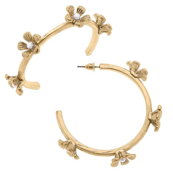 Charmaine Pearl Flower Hoop Earrings in Worn Gold | CANVAS