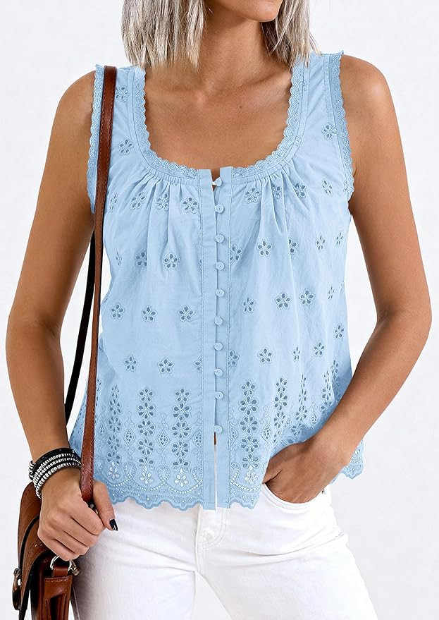 PRETTYGARDEN Womens Tank Tops 2026 Summer Button Down Shirts Embroidered Eyelet Dressy Casual Blo... | Amazon (US)