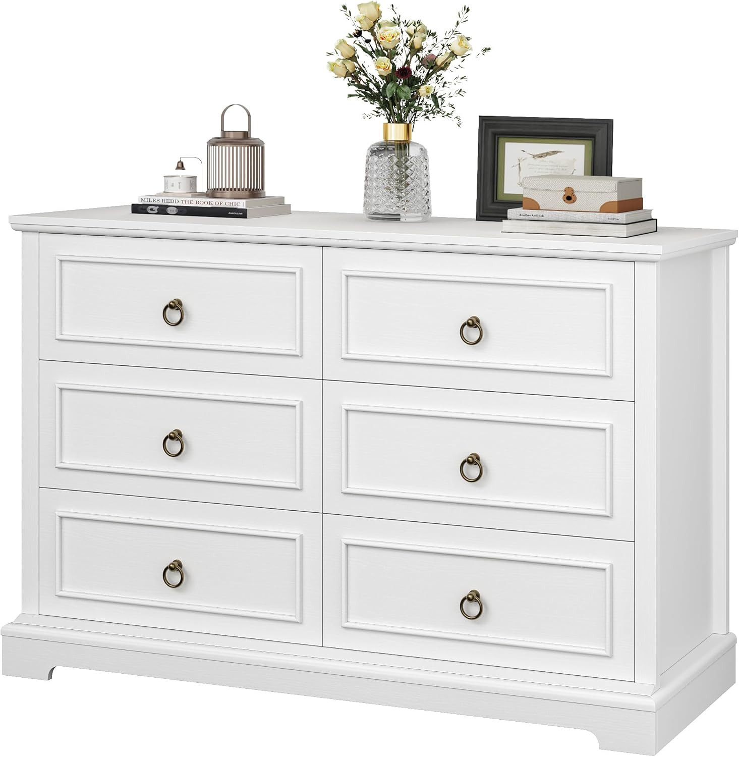 HOSTACK 6 Drawers Dresser for Bedroom, White Dressers & Chests of Drawers, 47.2" Wide Wood Double... | Amazon (US)