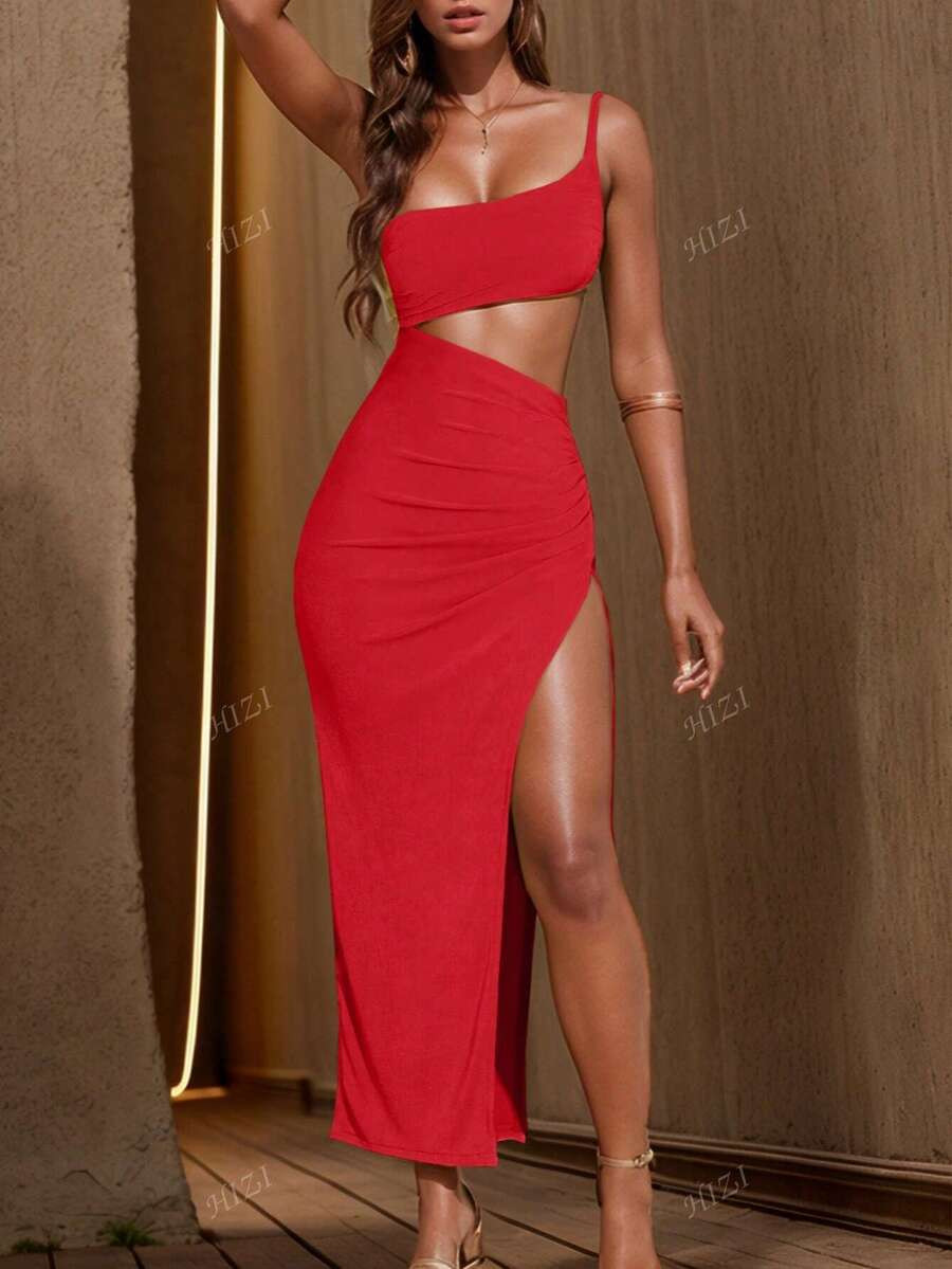 Elegant Vacation Style Spaghetti Strap Sleeveless Cutout Patchwork Asymmetric Slit Midi Dress Wit... | SHEIN