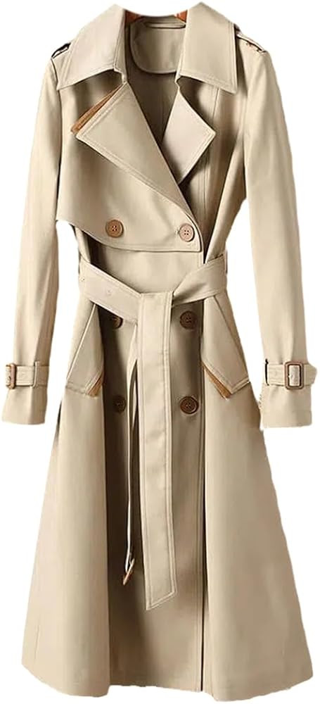 Spring Autumn Women's Jacket With Belt British Style Long Double-Breasted Waist Strap Suit Collar... | Amazon (US)