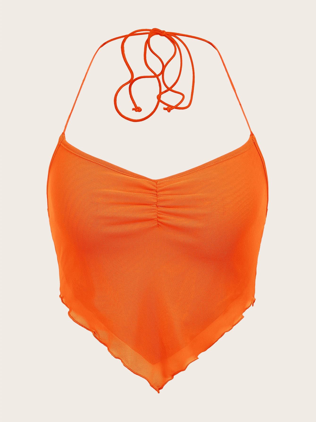 SHEIN ICON Neon Orange Ruched Tie Backless Hanky Hem Mesh Halter Top | SHEIN