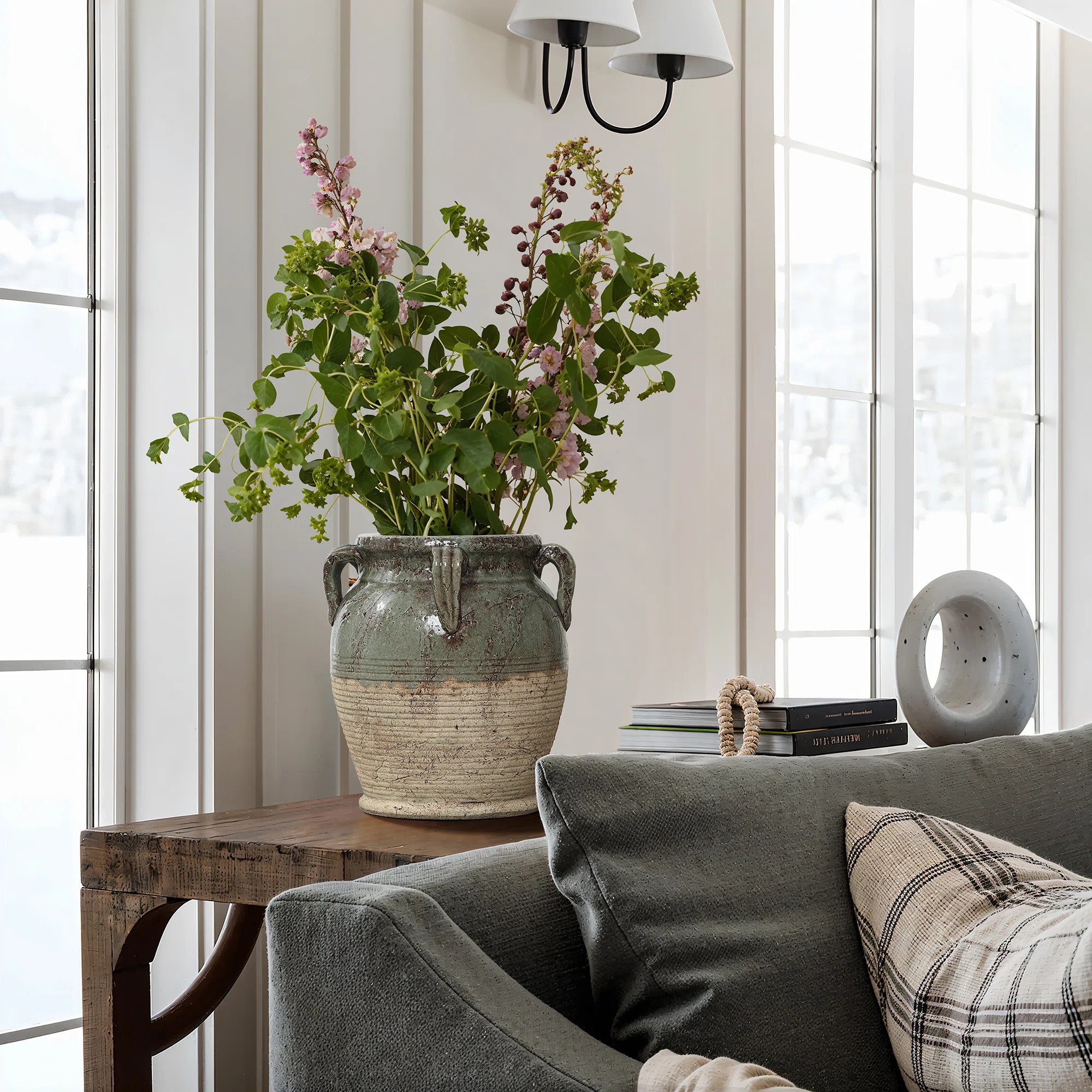 Rustic Green & Brown Terracotta Jar Vase with Four Handles, Pottery-Style Decor | Wayfair North America