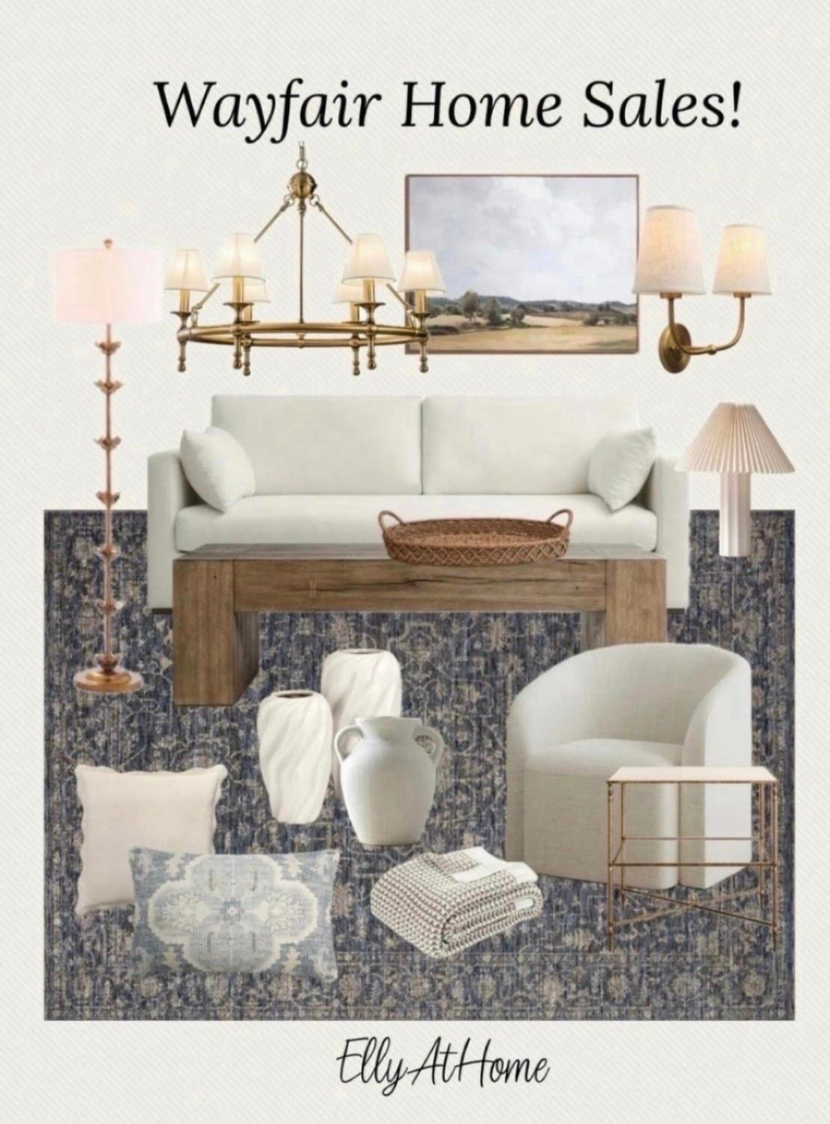 Living room sales at Wayfair! classic home finds. Shop sofa, rug, lighting, throw pillows, blanket, artwork, accessories, side table, lighting.