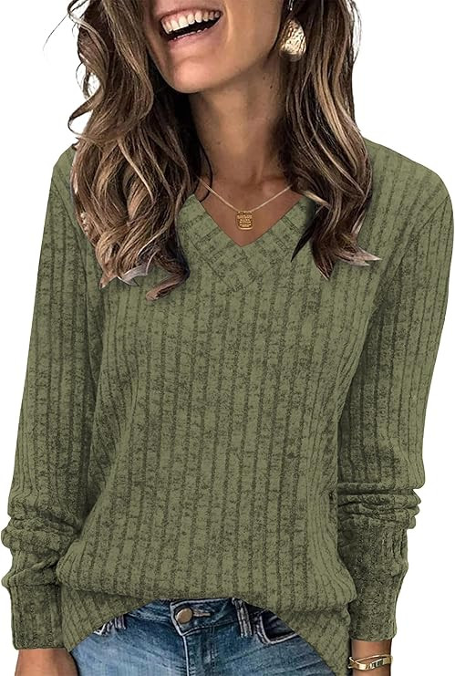 Zeagoo Long Sleeve Shirts for Women V Neck Casual Sweaters Basic Knit 2024 Fall Fashion Pullover ... | Amazon (US)