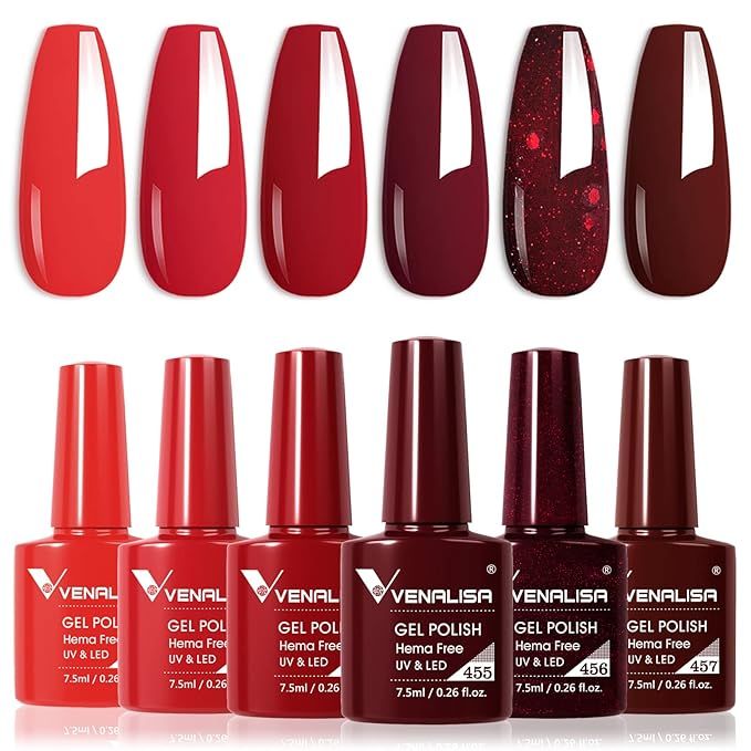 VENALISA Hema-Free Red Gel Nail Polish Set- 6 Colors Popular Red Burgundy Glitter Gel Polish Kit,... | Amazon (US)