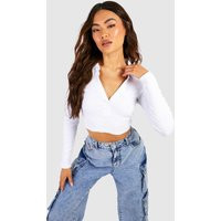 Womens Collared V Neck Rib Crop Top - White - 8 | boohoo (US & Canada)