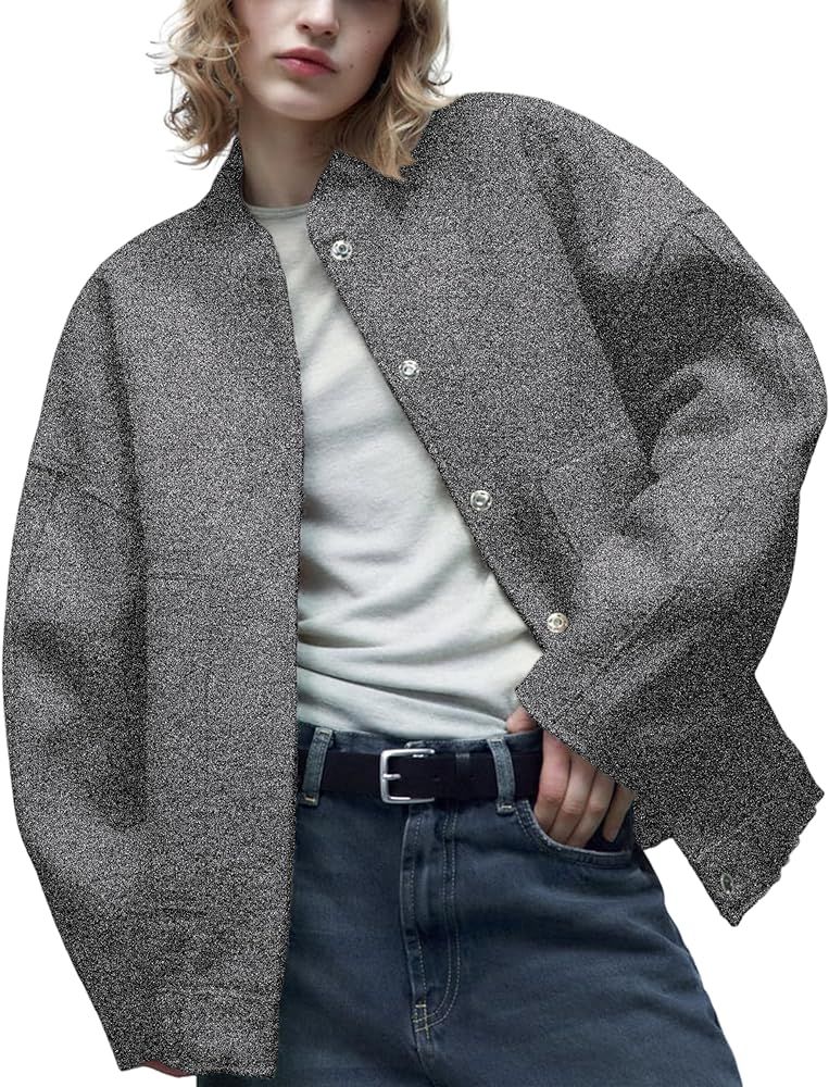 Lentta Women's Wool Blend Jacket Oversized Shacket Casual Button Down Varsity Jacket with Pockets 2023 | Amazon (US)