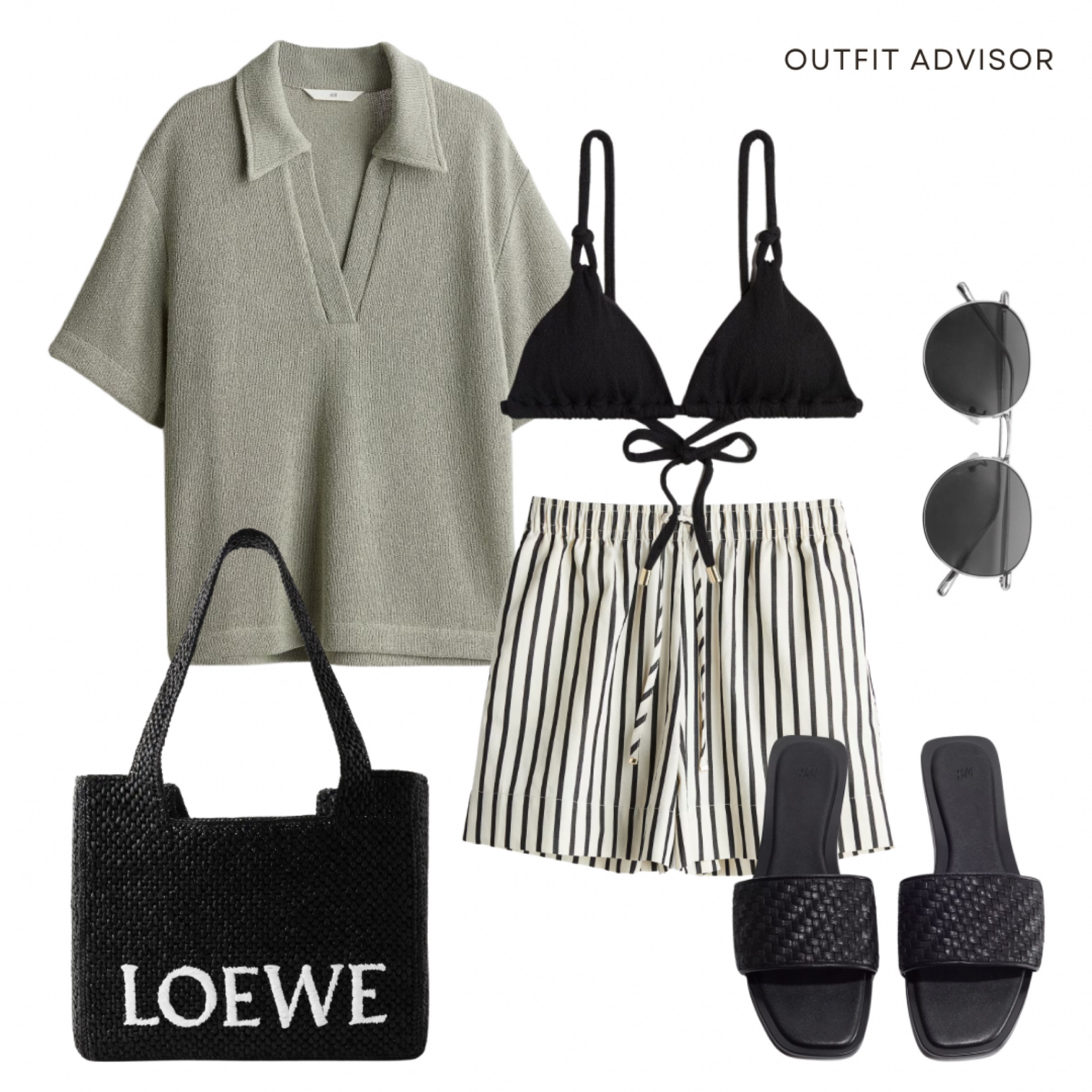 Beach day summer vacation outfit inspo: sage green v neck shirt, black bikini, aviator sunglasses, black slides, striped shorts and a loewe beach tote.

#LTKsummer #LTKstyletip #LTKswimwear