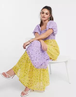 ASOS DESIGN shirred bustier tiered maxi dress with puff sleeve in mixed floral print | ASOS (Global)