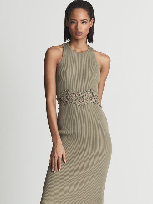 Reiss Khaki Isabella Lace Detail Knitted Bodycon Dress | Reiss (UK)