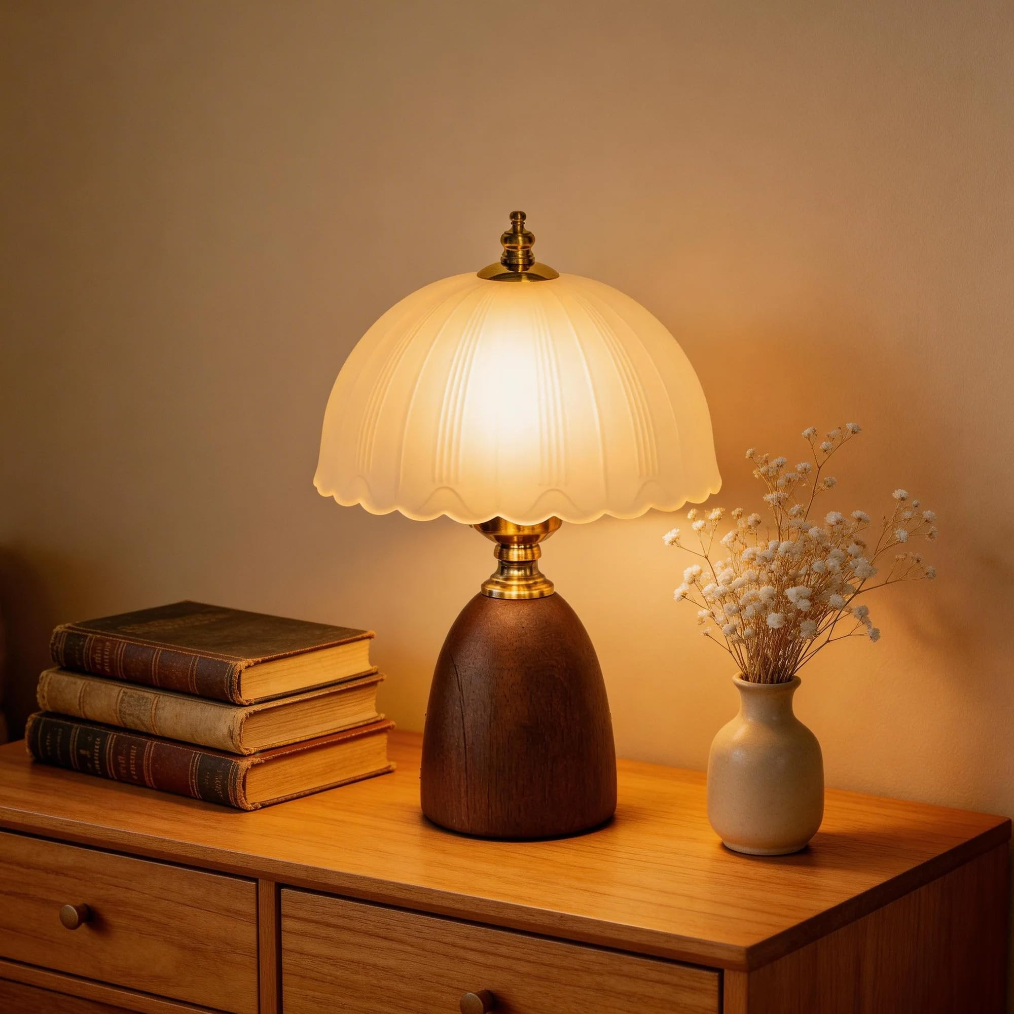 AUGsea 11.8\u201c Mid-Century Modern Small Table Lamp, Vintage Scalloped Frosted Glass Bedside Lamp for Bedroom Living Room, Solid Walnut Wood Style Base 3-Color Dimmable LED, Aesthetic Decor Gift - Amazon.com | Amazon (US)