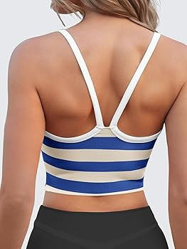 Fisoew Womens Striped Crop Sleeveless Tank Tops Scoop Neck Crossed V Racerback Cami Workout Yoga ... | Amazon (US)