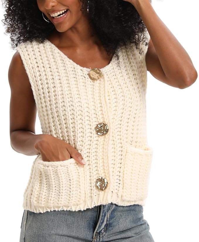 Women's Sleeveless Chunky Knit Cardigan V-Neck Button Down Vest Casual Loose-Fitted Crochet Sweat... | Amazon (US)
