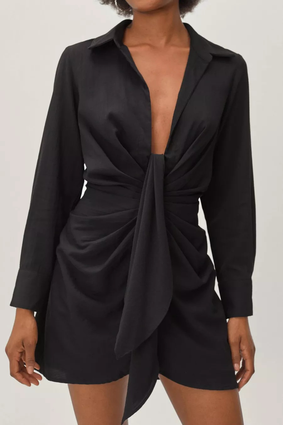 Petite Knot Front V Neck Mini Shirt Dress | Nasty Gal (US)