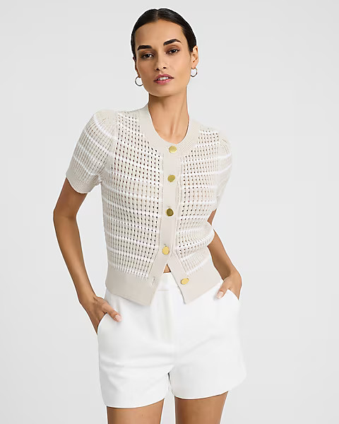 Striped Open Stitch Short Sleeve Cardigan | Express