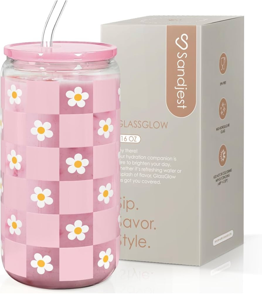 SANDJEST Checkerboard Daisies Glass Can, Floral Checker Cup with Lid & Straw, Iced Coffee Aesthet... | Amazon (US)