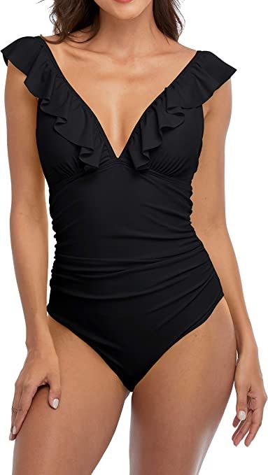 Sociala Ruffle One Piece Swimsuits for Women V Neck Ruched Monokini Bathing Suits | Amazon (US)